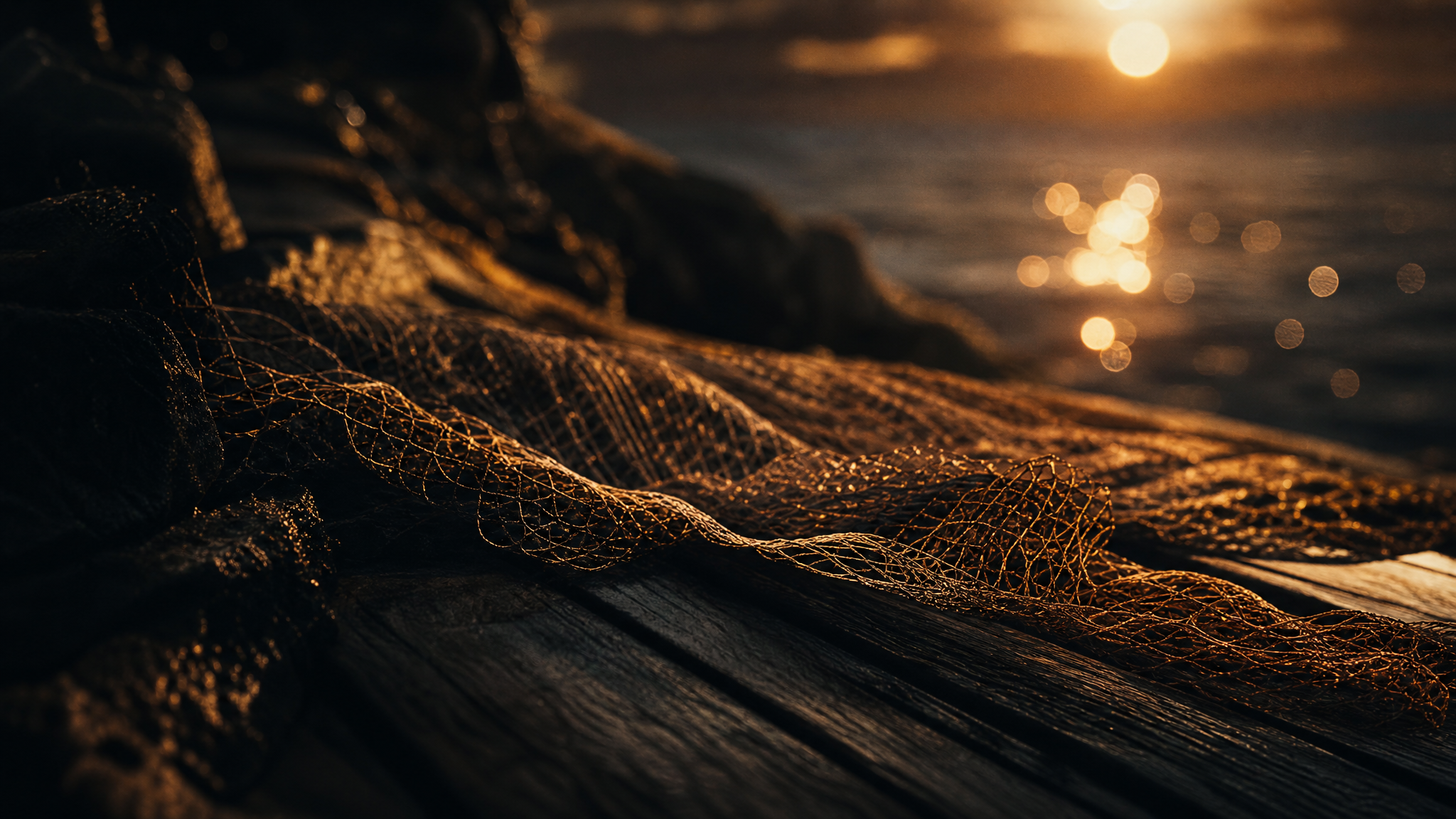 Fishing net illuminated with golden light — The 153 Initiative