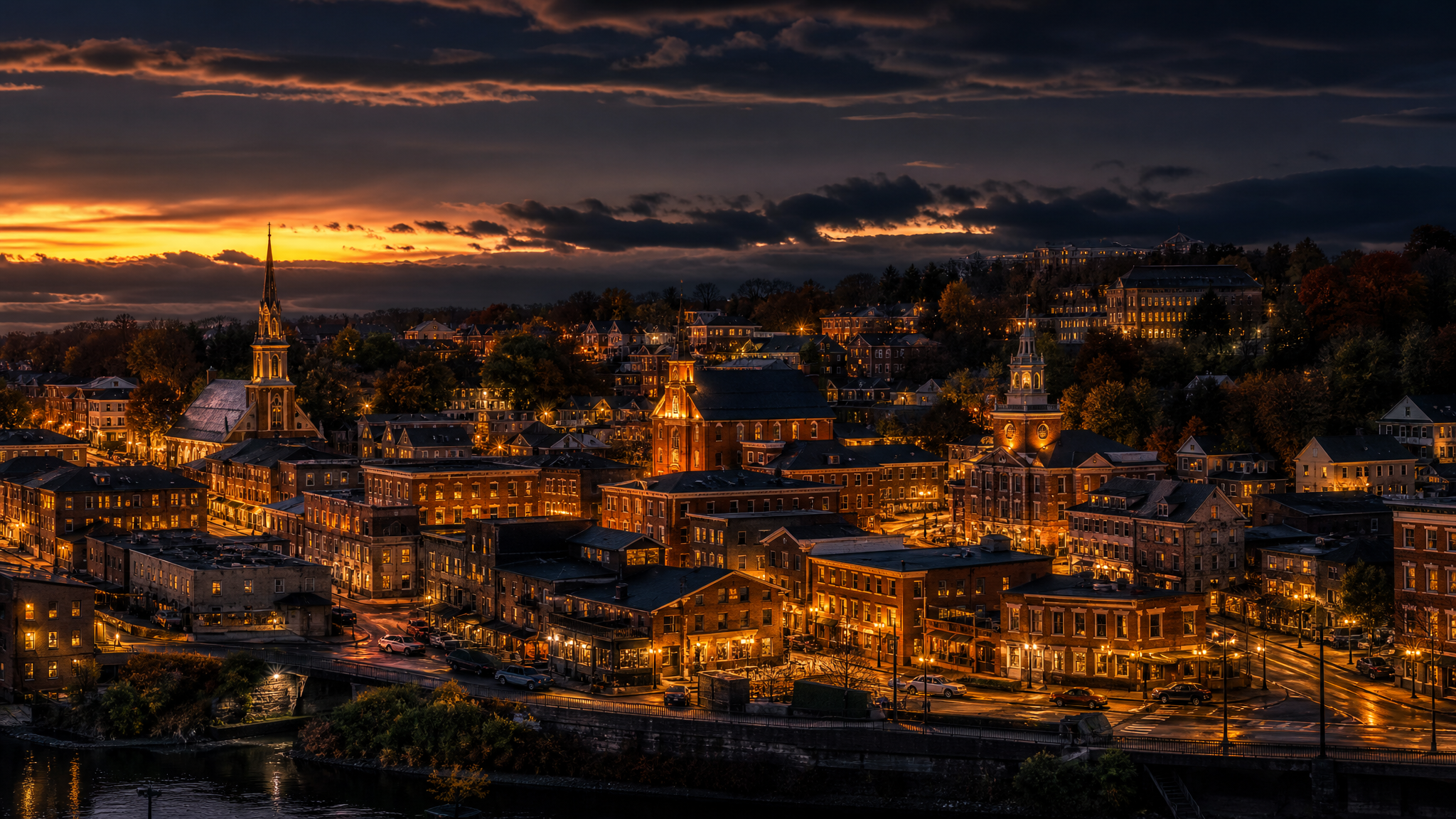 Thriving community cityscape at golden hour