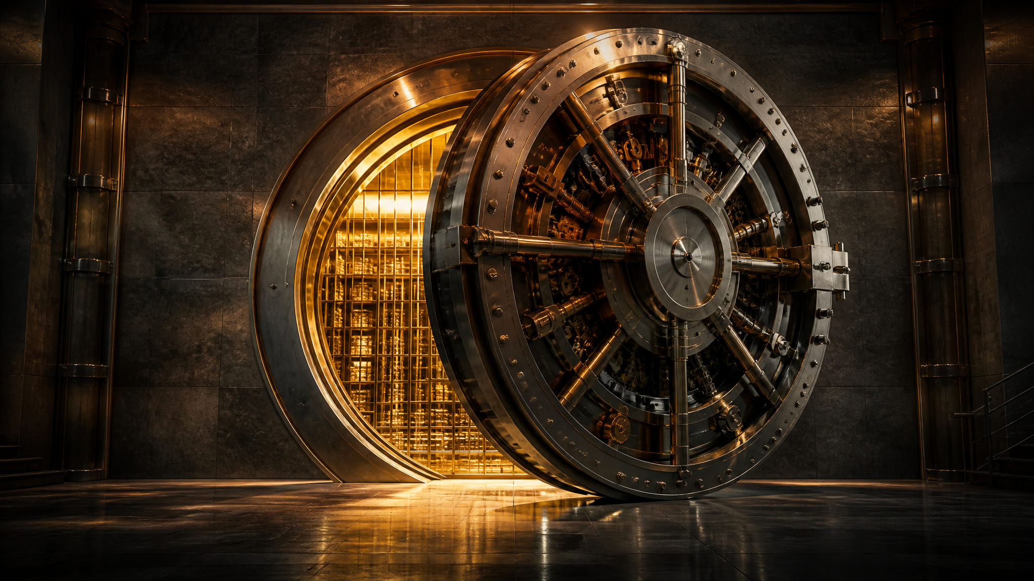 Bank vault door opening with golden light