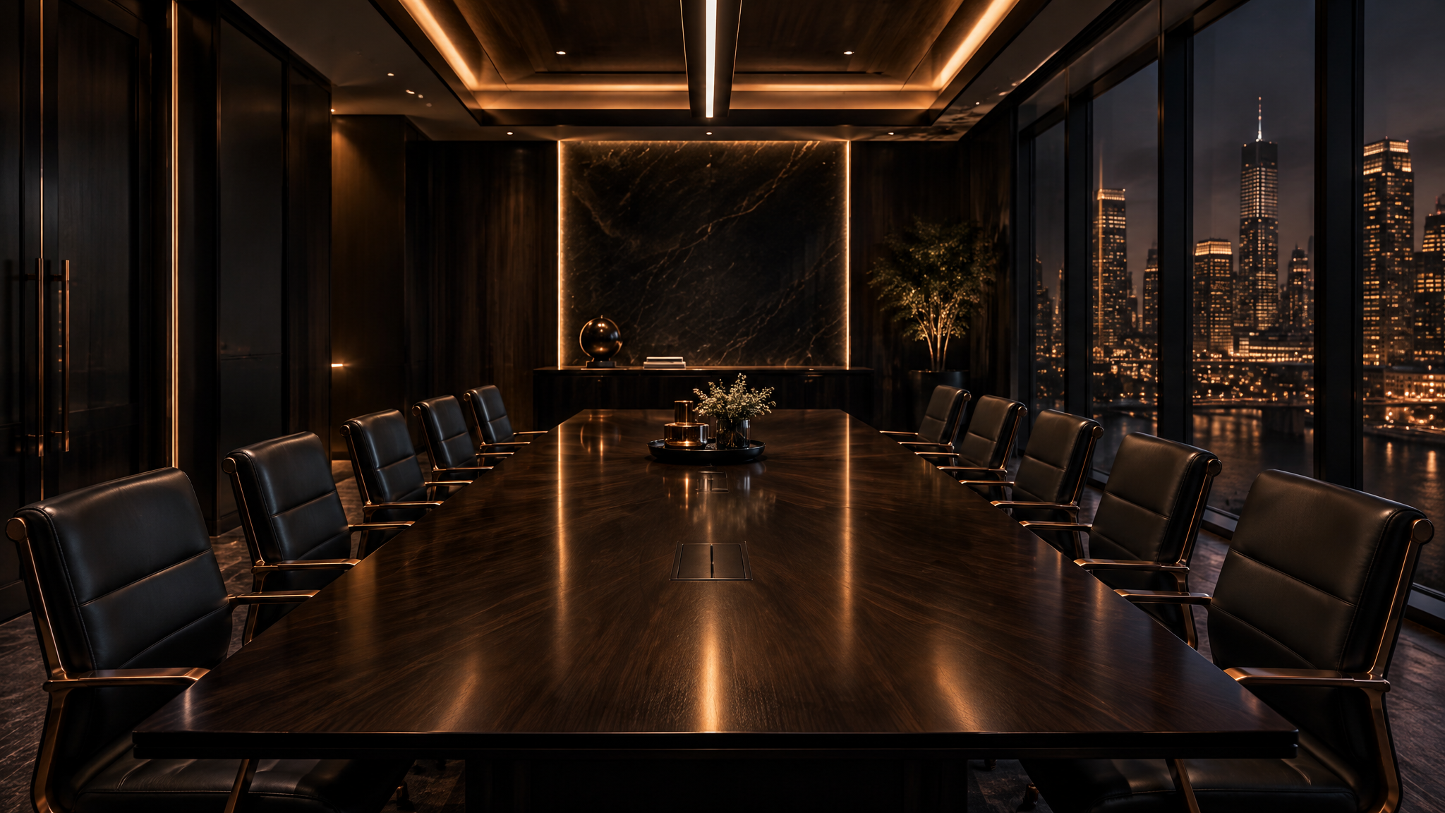Upscale private banking boardroom in deep black and copper tones